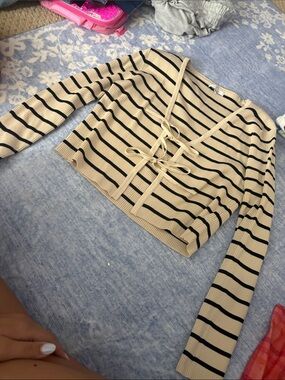 Love Tree Striped Lace-Up V-Neck Sweater - Cream & Black